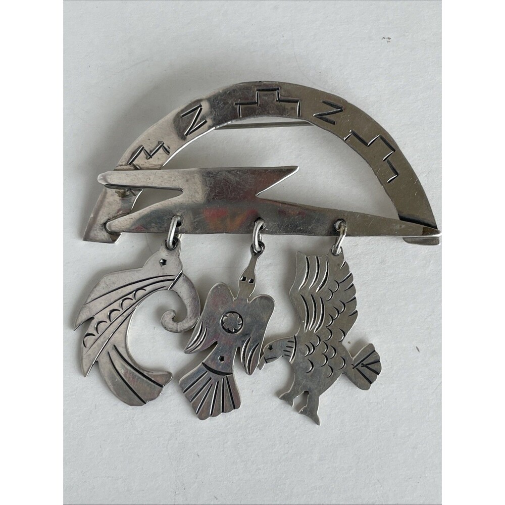 Sheila Tom charm brooch Pin Sterling 14gr dangling Thunderbolt Toucon birds